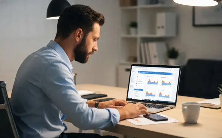 בעל עסק קטן לומד איך לפרסם בגוגל דרך ממשק Google Ads